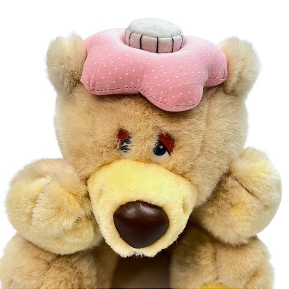 RUSS Tan Bear "Get Well" Plush Stuffed Animal Toy Pink Cold/Hot Pad on Head VTG - Picture 2 of 8
